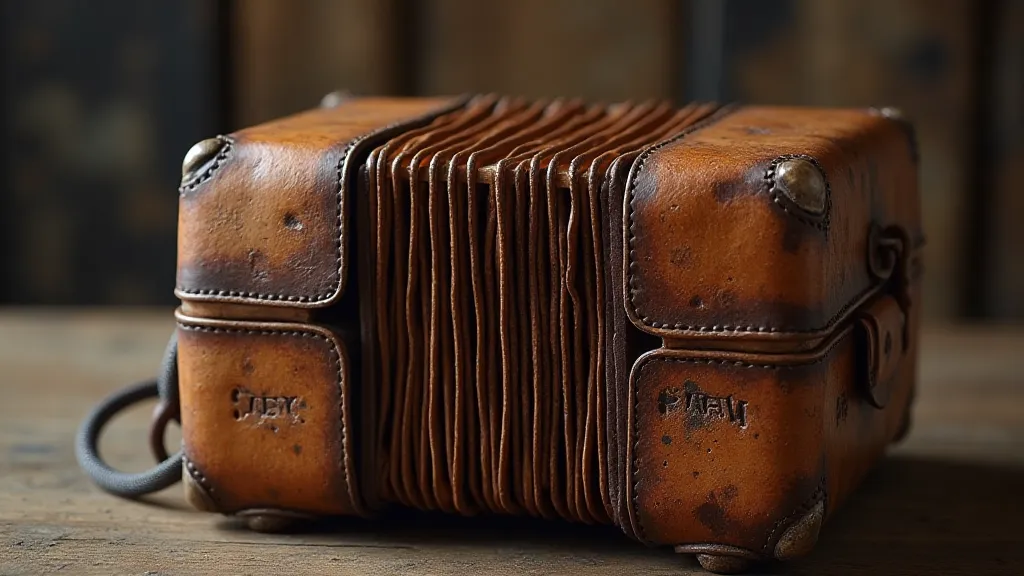 Antique accordion showing aged leather
