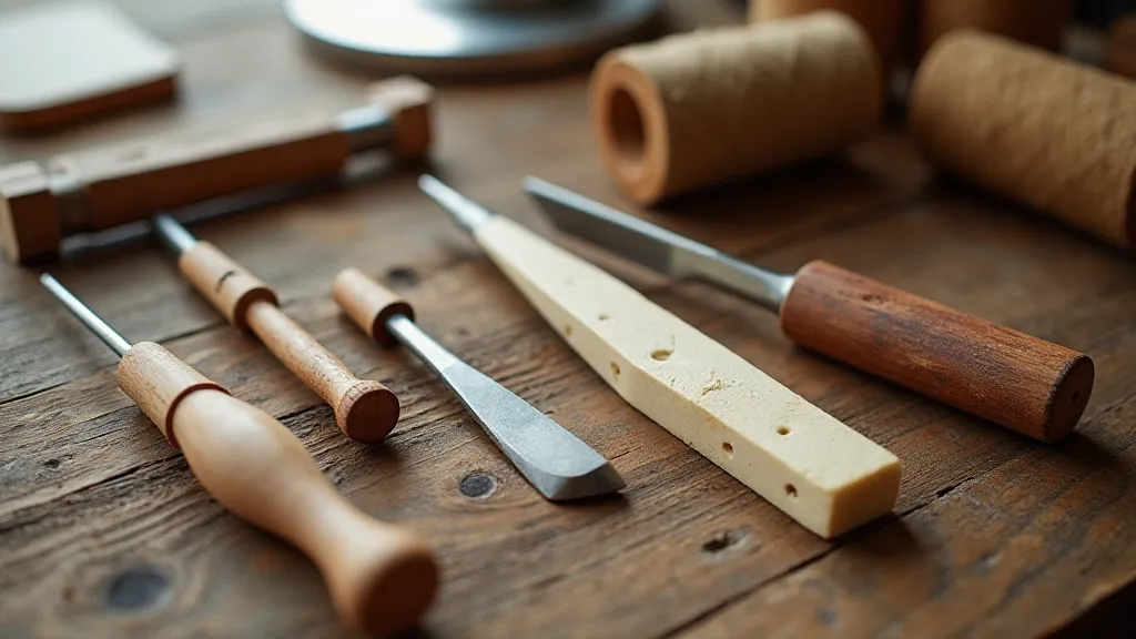 Bookbinding tools on a workbench
