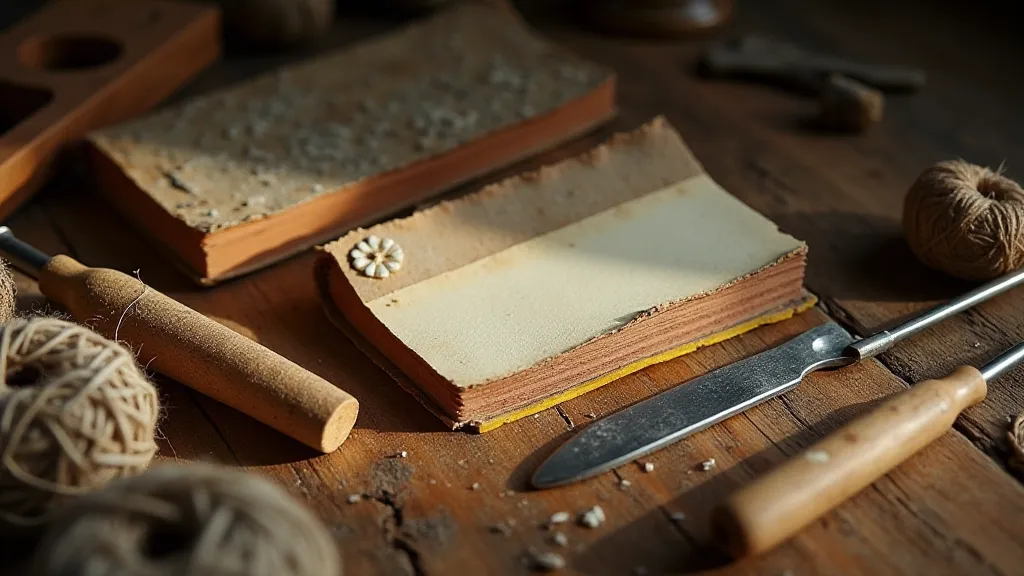 Vintage bookbinding tools arranged on a workbench