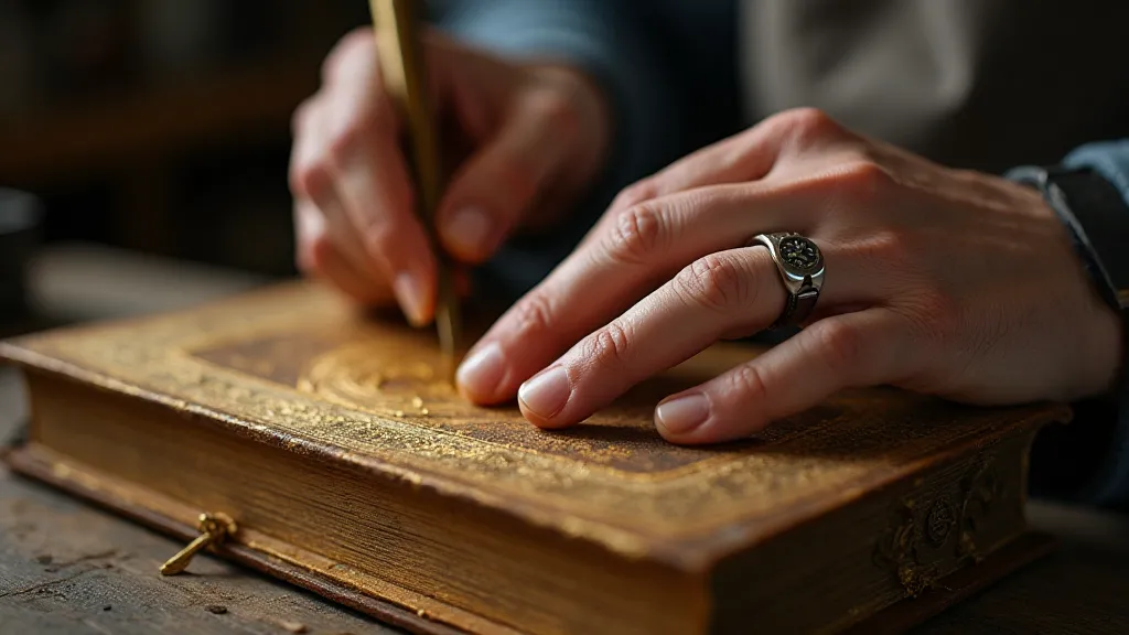 Craftsman applying gold leaf to a book edge