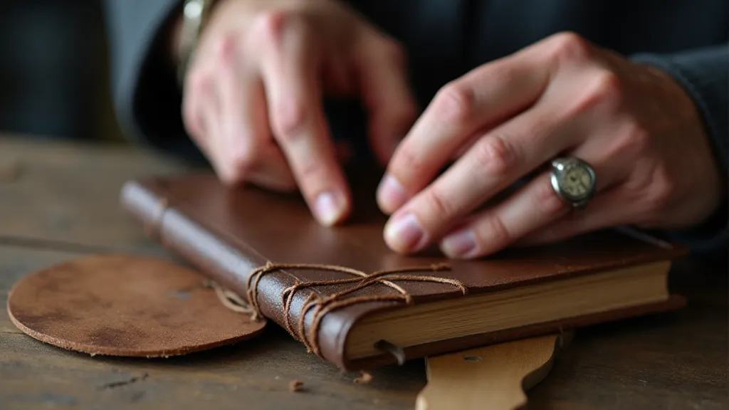 Craftsman's hands stitching a leather book spine