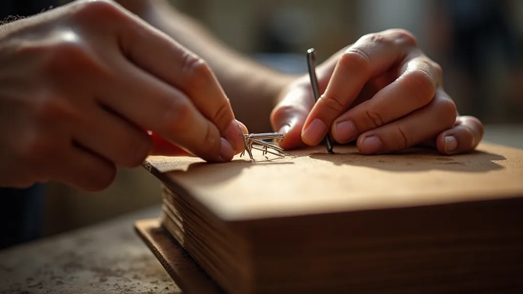 Leather binder carefully stitching a book spine