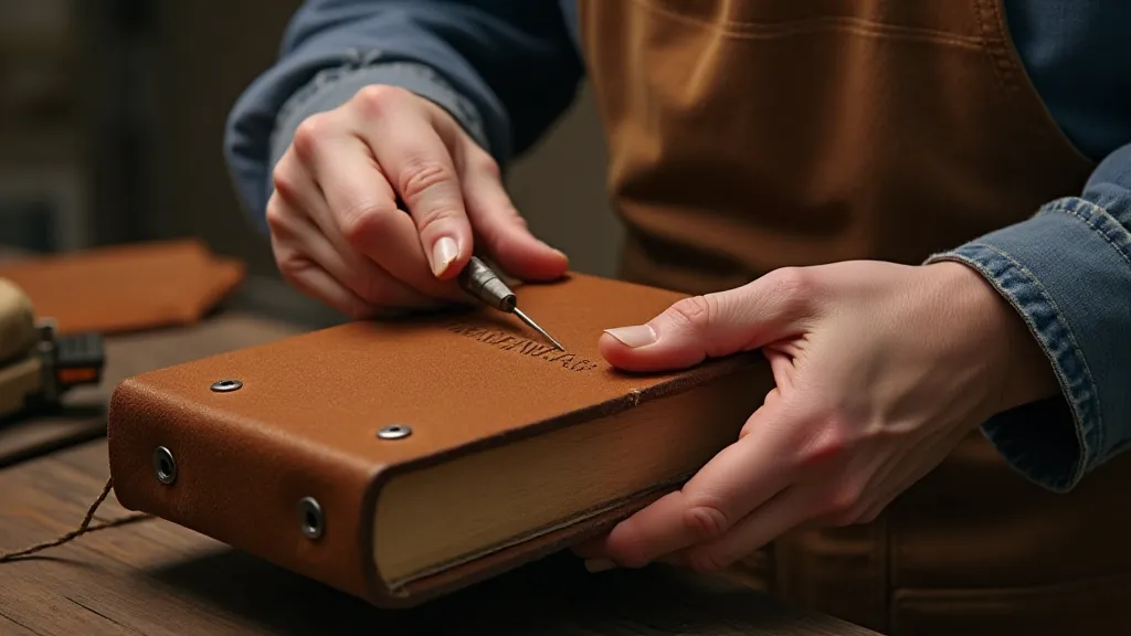 Craftsman stitching a leather book spine