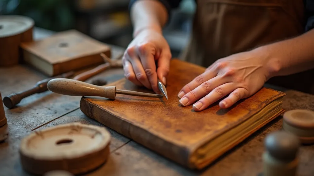Modern bookbinder's hands stitching leather