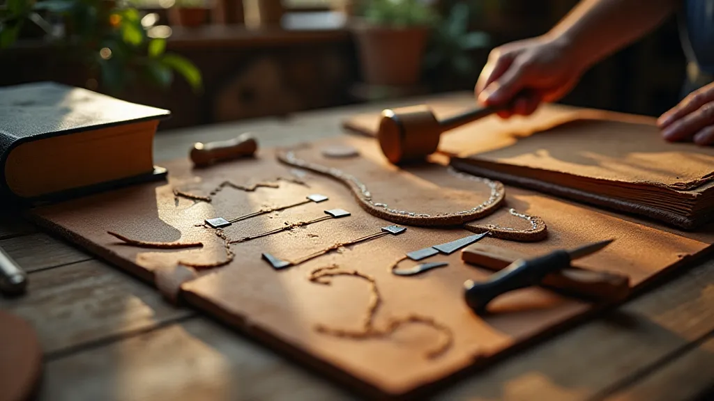 Leather bookbinding tools on a workbench